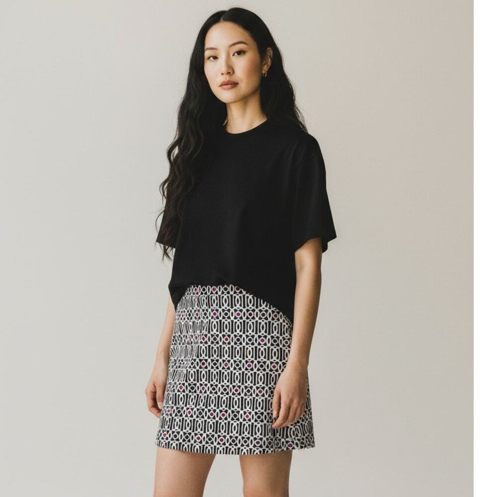 Jude Connally Mini Skirt Womens M Black White Geometric Classic Pull-On USA Made